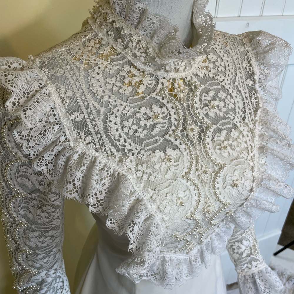 VINTAGE 1970s Wedding Dress: Full Train, Lace Trim, Pearl Embellished - Picture 8 of 17